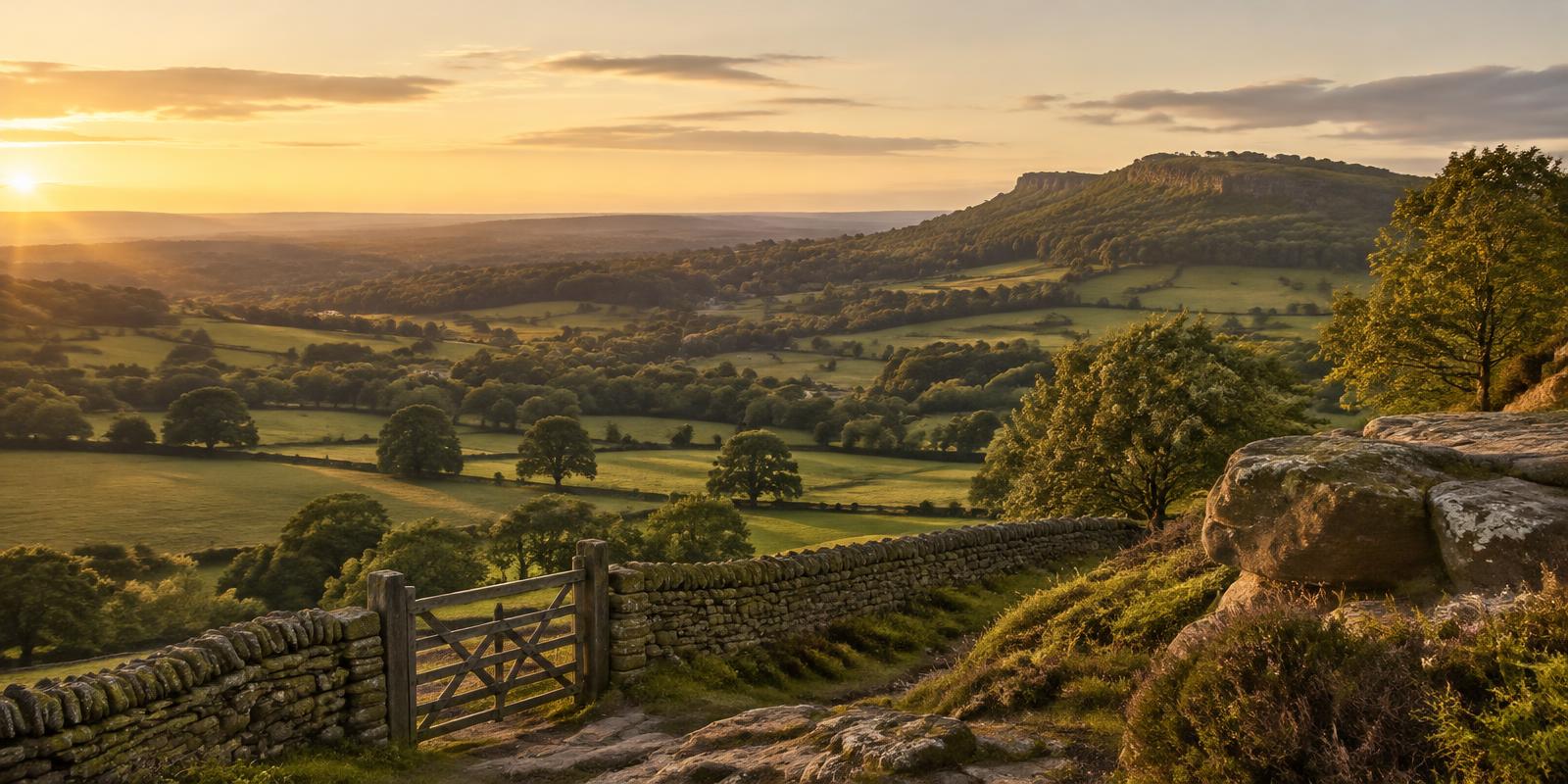 Fields and a sandstone wall near Alderley Edge, Cheshire
