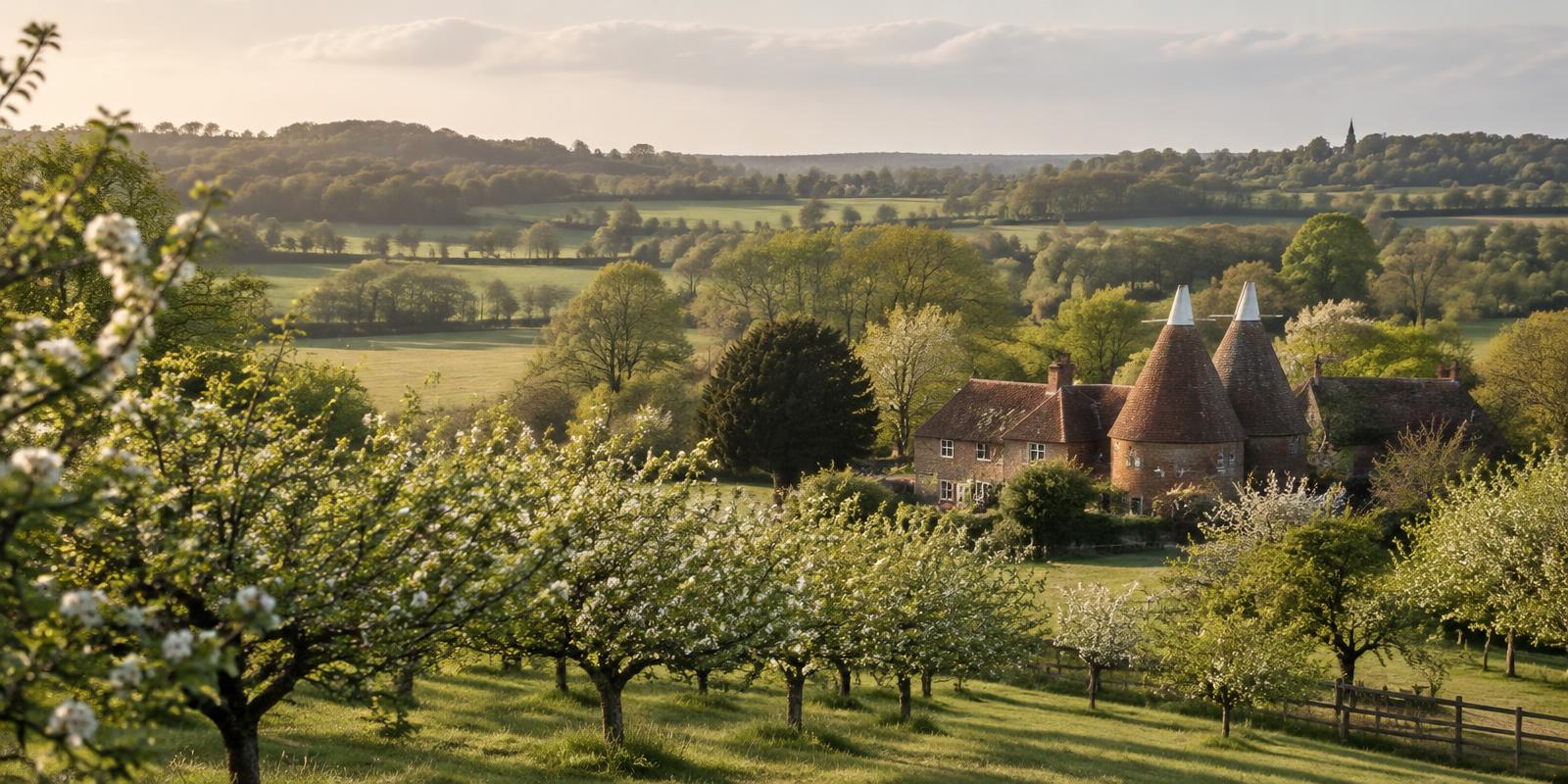 Oast houses and orchards in the Kent Weald