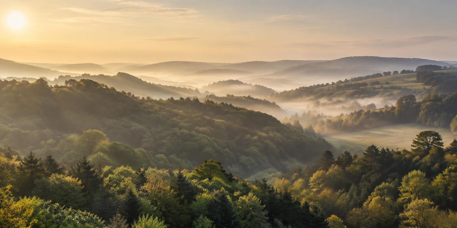 Morning mist over the wooded Surrey Hills